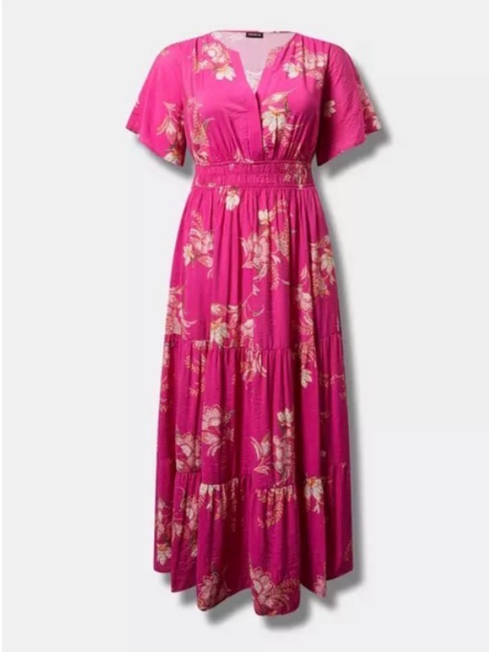 NWOT Torrid Hot Pink Floral Y-Neck Tiered Maxi Dress - Picture 6 of 6